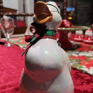 Cute Ceramic White Christmas Duck with Green Plaid Hat and Bow
